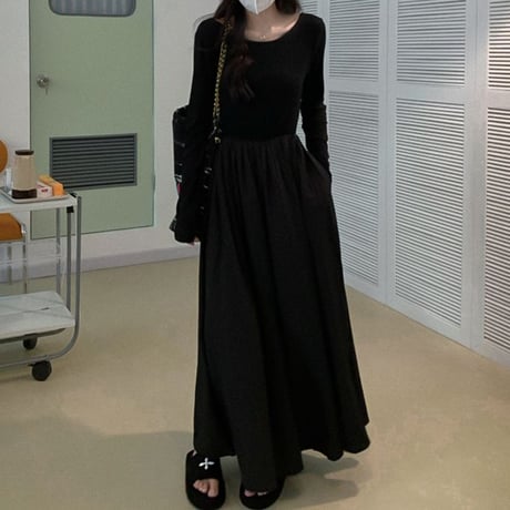 マキシ丈 ワンピース ウエストスリム ハイウエスト 長袖 Aライン シンプル レトロ 韓国ファッション レディース 大人可愛い ガーリー DTC-681602766875