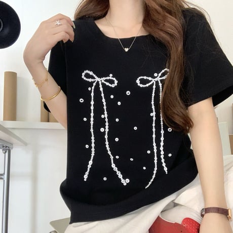 リボンプリント Tシャツ オーバーサイズ トップス ルーズ ゆったり 半袖 レトロ  大人可愛い ガーリー カジュアル フェミニン DTCA-780996917013