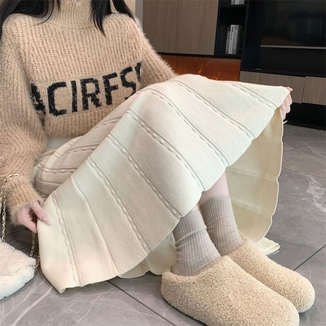 ニットスカート 厚手 マーメイドスカート プリーツスカート ロング丈 ハイウエスト スカート ウエストゴム レトロ 韓国ファッション レディース 大人可愛い ガーリー DTC-756880446087