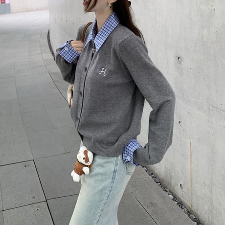 フェイクレイヤード ニット トップス チェック柄 刺繍ロゴ トップス 長袖 レトロ 韓国ファッション レディース 大人可愛い ガーリー DTCA-833712372783