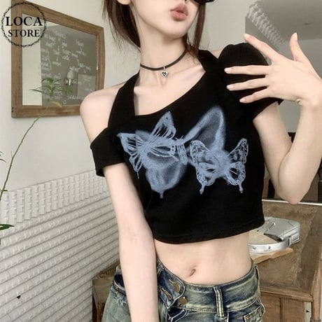 オフショルダー Tシャツ ホルターネック クロップド丈 バタフライ トップス スリムフィット レトロ 韓国ファッション レディース 大人可愛い ガーリー DTC-770278754668