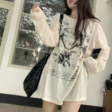 tシャツ 長袖 オーバーサイズ ドロップショルダー ロンt クルーネック トップス ルーズ レトロ 韓国ファッション レディース 大人可愛い ガーリー DTC-735331608484