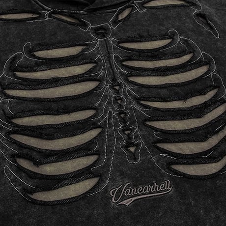 ユニセックス プルオーバー パーカー ヴィンテージ風 ウォッシュ加工 スカル スケルトン パッチホール オーバーサイズ 長袖 カジュアル ストリート系ファッション DTCA-757250740426