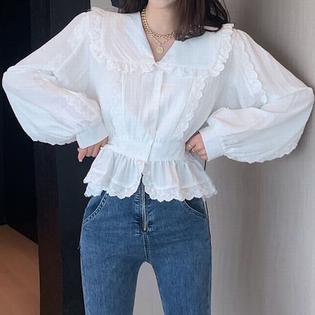 ブラウス 大きい襟 フリル 長袖 韓国ファッション レディース ショート丈 シャツ トップス 大人可愛い ガーリー DTC-625671877007
