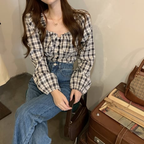 チェック柄 ブラウス スクエアネック パフ袖 長袖 ショート丈 韓国ファッション レディース トップス クロップド丈 大人可愛い ガーリー DTC-640453654398