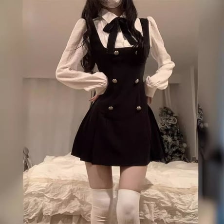 フェイクレイヤード ミニワンピース リボン シャツワンピース ウエストスリム フェイクツーピース ワンピース ハイウエスト 長袖 レトロ 大人可愛い ガーリー DTCA-764003403280