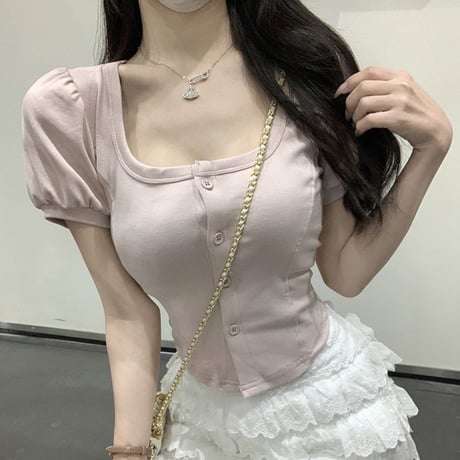 【3カラー】 フロントボタン トップス tシャツ 半袖 スクエアネック ショート丈 スリムフィット 薄手 レトロ 韓国ファッション レディース 大人可愛い ガーリー DTC-705495120582