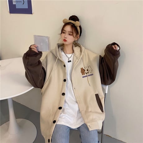 フード付き ブルゾン パーカー 月輪熊 パンダ 白熊 プラスベルベット アウター オーバーサイズ 韓国ファッション レディース ガーリー カジュアル ストリート系 DTC-630016028692