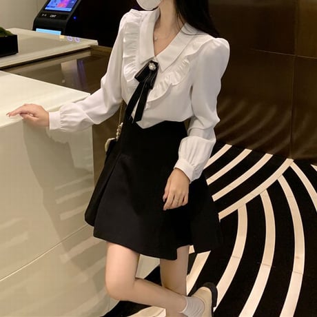 セットアップ ヨークフリル リボン ブラウス スカート Aライン ハイウエスト 2点セット レトロ 韓国ファッション レディース 大人可愛い ガーリー フェミニン DTC-651678728432