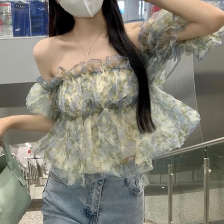 2WAY 花柄 ブラウス スクエアネック オフショルダー ショート丈 パフスリーブ シフォン トップス 半袖 レトロ 大人可愛い ガーリー フェミニン DTCA-679228977517