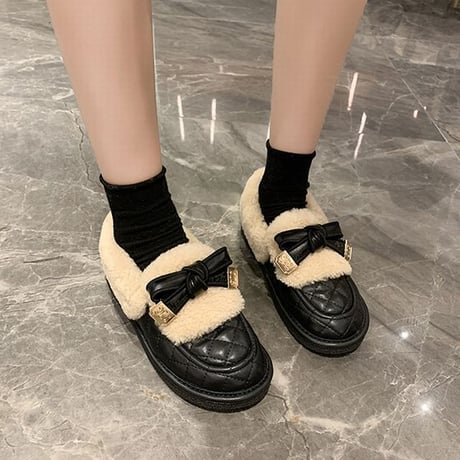 ファーシューズ リボン 22.5～25.0cm ローファー フラット フェイクファー もこもこ 歩きやすい おしゃれ 疲れない ガーリー DTC-661269724427