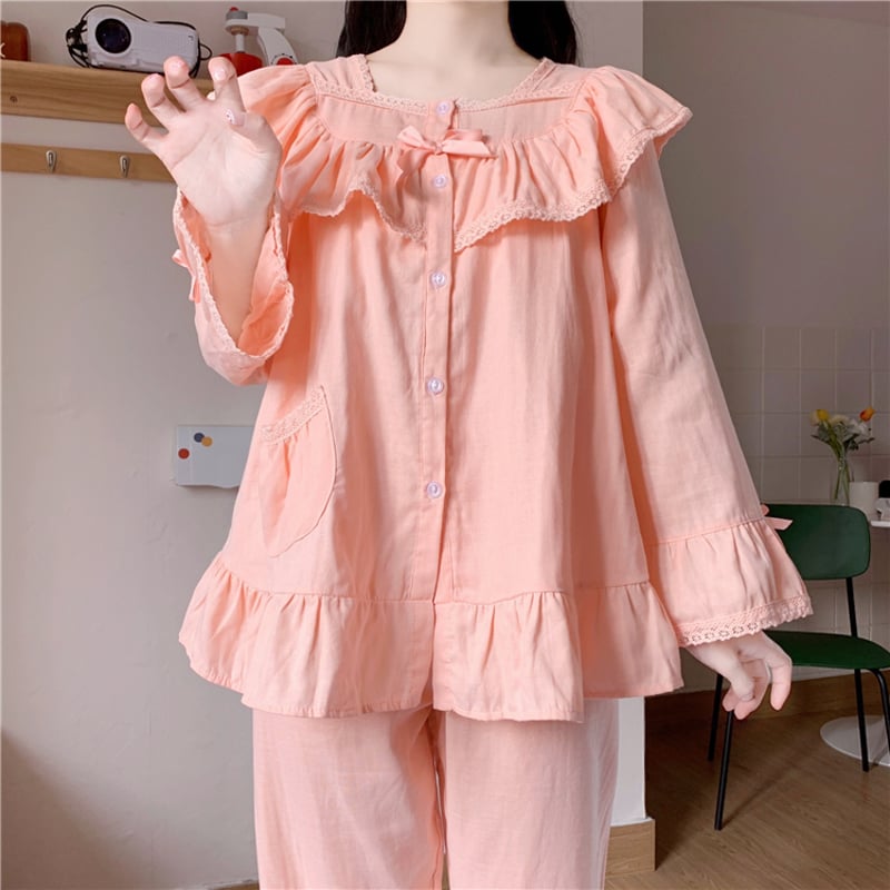2カラー】 セットアップ ルームウェア パジャマ フリル襟 リボン 上下