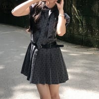 プリーツワンピース ドット柄 水玉 リボンタイ パフスリーブ Uネック Aライン ハイウエスト ミニワンピース レトロ 大人可愛い ガーリー DTCA-913662271802