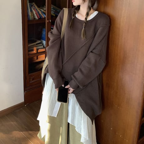 3点セット セットアップ 上下セット 不規則デザイン ニット トップス ロングシャツ ロングブラウス ワイドパンツ ルーズ 長袖 レトロ 大人可愛い ガーリー DTC-841684270768