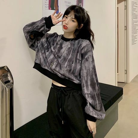 タイダイ染め トレーナー ショート丈 薄手 長袖 ルーズ トップス レトロ 韓国ファッション レディース ガーリー カジュアル ストリート系 DTC-625718801834