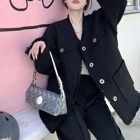 ジャケット ノーカラー Vネック フェイクラムウール フリンジ ボタン ルーズ 長袖 レトロ 韓国ファッション レディース 大人可愛い ガーリー カジュアル DTC-689344975884