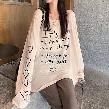 シアー Tシャツ 薄手 袖プリント ルーズ ゆったり 長袖 レトロ 韓国ファッション レディース 大人可愛い ガーリー カジュアル DTC-722267209615