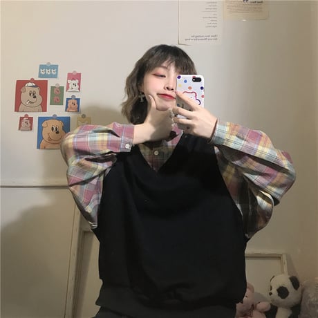 ベスト × チェック柄 フェイクレイヤード 韓国ファッション レディース 重ね着風 シャツ ガーリー カジュアル DTC-601095644955