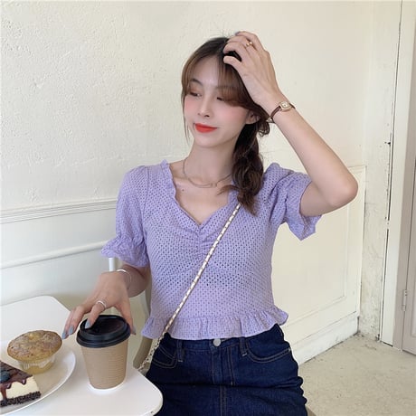 ブラウス ショート丈 半袖 韓国ファッション レディース トップス フレア レーストップス シフォン 透け感 穴あき フレアスリーブ ガーリー 619020960448