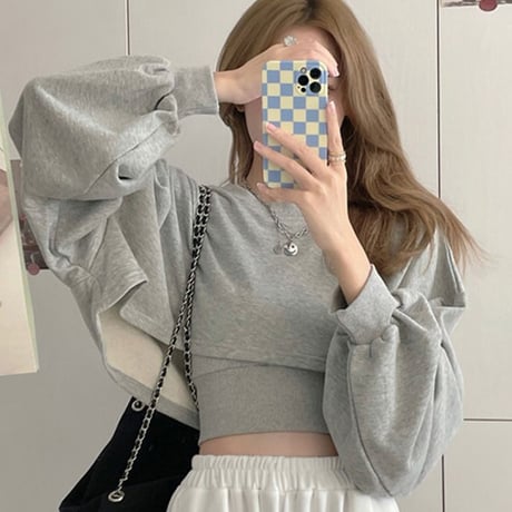 セットアップ クロップド丈 トレーナー クロップドトップス キャミソール ショート丈 長袖 韓国ファッション レディース カジュアル 大人可愛い ガーリー DTC-652092080368