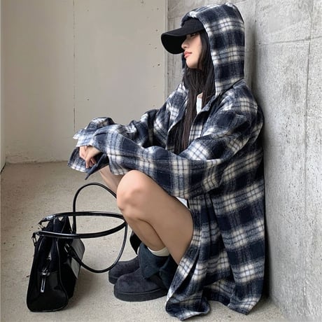 フード付き チェックシャツ パーカー チェック柄 シャツ ウールジャケット オーバーサイズ トップス 長袖 レトロ 韓国ファッション レディース 大人可愛い ガーリー DTC-841559294886