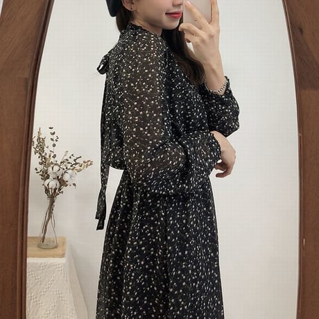 レディース Vネック 花柄 シフォン ロングワンピース レトロ 長袖 花柄 フェミニン 韓国ファッション オルチャン (DCT-585296164758)