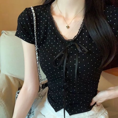 tシャツ ドット柄 リボン レース Vネック ショート丈 トップス スリムフィット ピチT タイトフィット 半袖 レトロ 大人可愛い ガーリー DTCA-897167822699