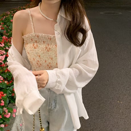 2点セット シャツ 薄手 ブラウス キャミソール 花柄 長袖 トップス ゆったり レトロ 韓国ファッション レディース 大人可愛い ガーリー カジュアル フェミニン DTC-669186925079