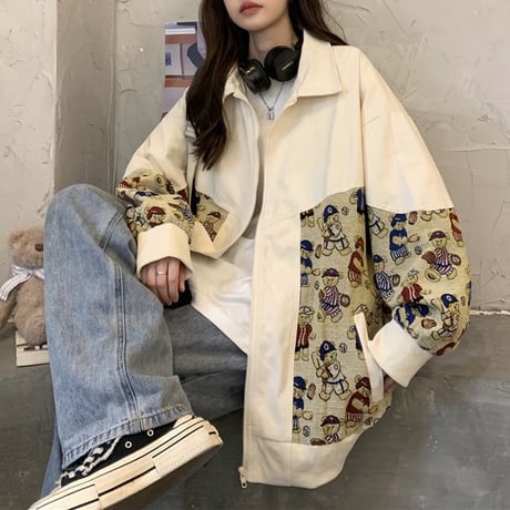 ジャケット くまちゃん ベアー ジップアップ 薄手 長袖 レトロ ルーズ 韓国ファッション レディース 大人可愛い ガーリー カジュアル ストリートファッション DTC-652685578373