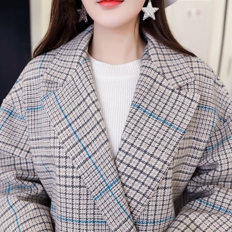 チェスターコート チェック柄 ひざ丈 韓国 ファッション レディース アウター ウールコート ダブルブレス レトロ ガーリー (DTC-603144493061)