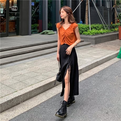 スカート ロング丈 深スリット Aライン 韓国ファッション レディース スリットスカート ロングスカート ハイウエスト シンプル ガーリー DTC-619028196950_sk