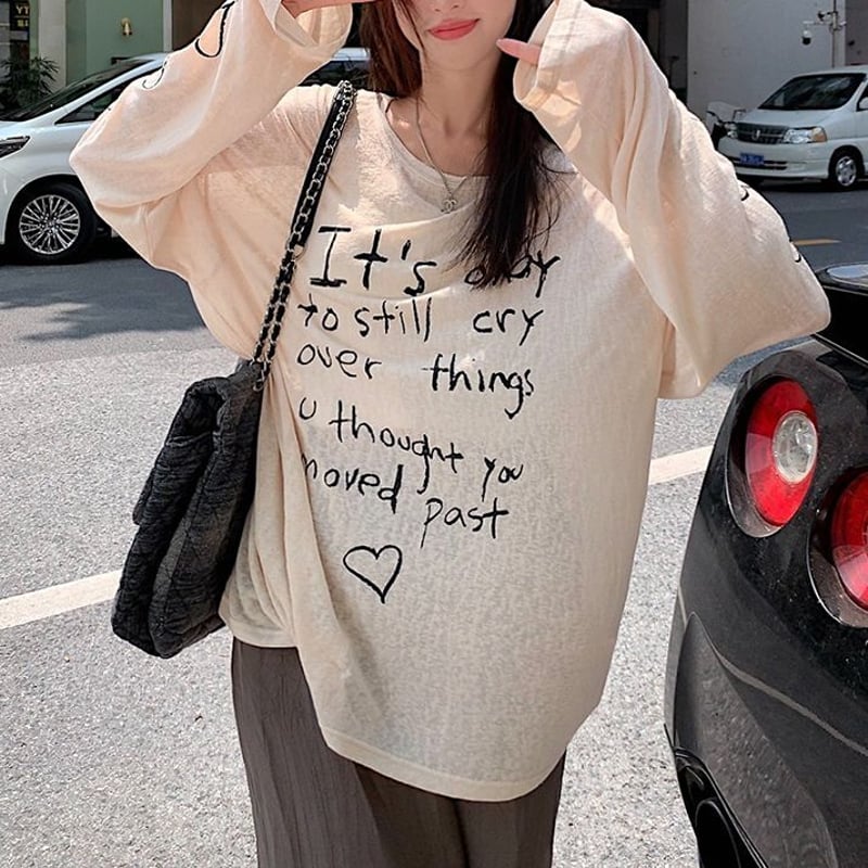 シアー Tシャツ 薄手 袖プリント ルーズ ゆったり 長袖 レトロ 韓国  