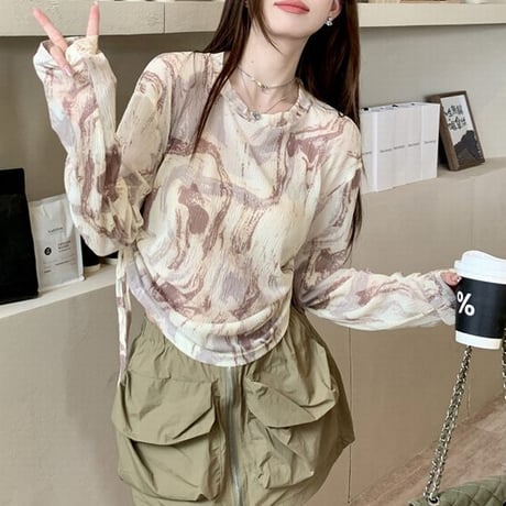 Tシャツ メッシュ 薄手 サイドドロスト ドローストリング ルーズ 長袖 レトロ 韓国ファッション レディース 大人可愛い ガーリー DTC-722434528937