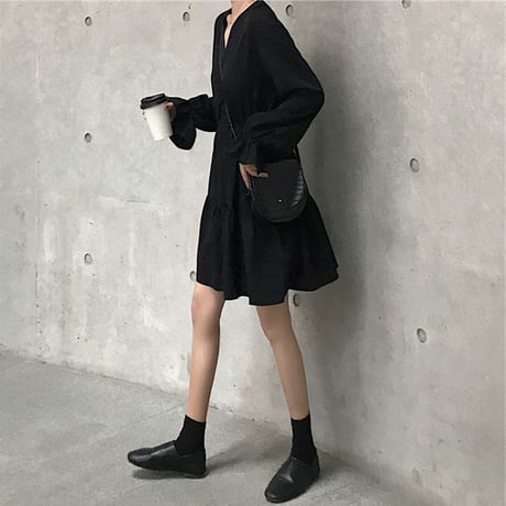 ティアードワンピース Vネック ショート丈 ハイウエスト 長袖 韓国ファッション レディース ミニワンピース 大人可愛い ガーリー フェミニン DTC-652647299876