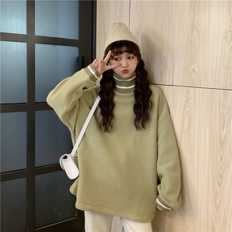 フリース トレーナー プルオーバー 韓国ファッション レディース ゆったり ハイネック トレーナー 体型カバー シンプル レトロ 春 秋 冬 大人カジュアル (DTC-605871158785)