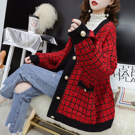 チェック柄 カーディガン Vネック ジャケット ニット シングルブレスト ボタン 韓国ファッション レディース アウター 体型カバー 大人可愛い ガーリー DTC-626773309329