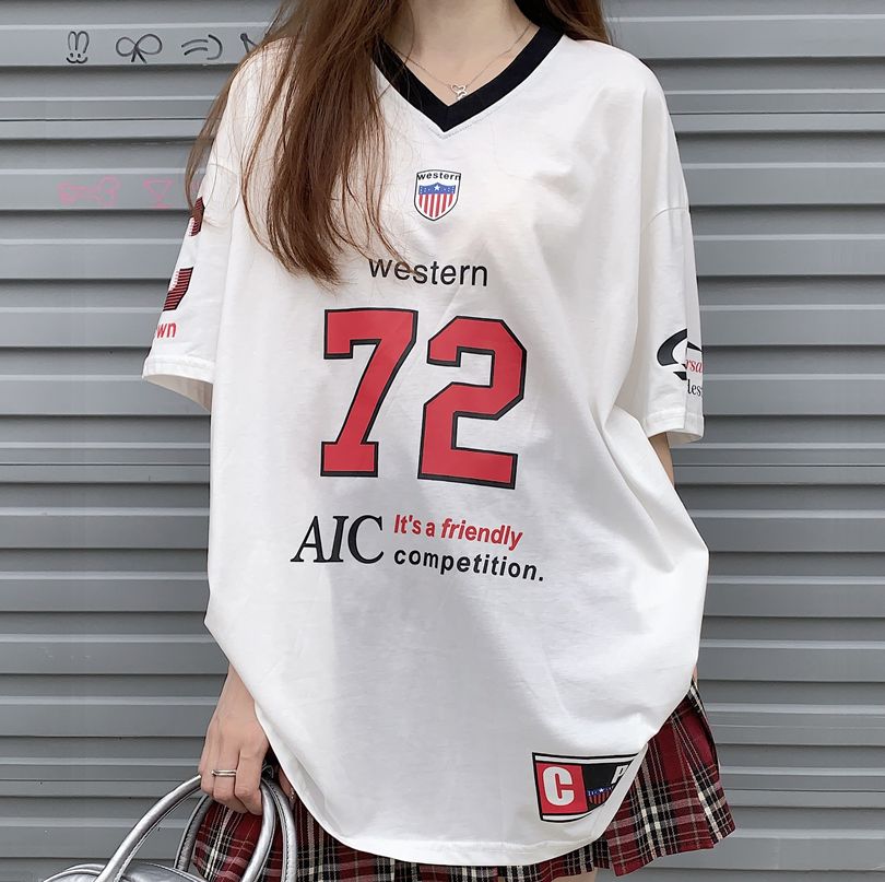 ユニフォーム風Tシャツ オーバーサイズ ユニセック 2color L3146 Tシャツ ユニフォーム風 Vネック オーバーサイズ トップス