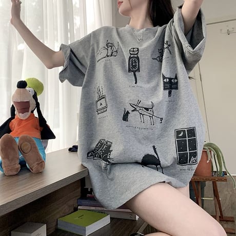 tシャツ 漫画風プリント トップス 半袖 クルーネック オーバーサイズ ルーズ ゆったり カジュアル レトロ 韓国ファッション レディース DTC-771349016436