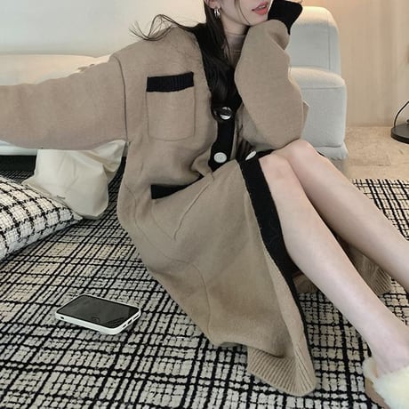 ロングカーディガン V ネック バイカラー ニット カーディガン ロング丈 長袖 韓国ファッション レディース レトロ 大人可愛い ガーリー DTC-691112682616