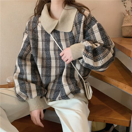 チェック柄 トップス ウールセーター プルオーバー ゆったり 韓国ファッション レディース POLOカラー ルージュ カジュアル 大人可愛い ガーリー DTC-631372798803