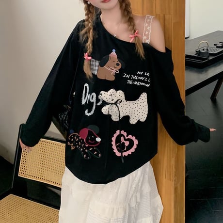 トップス ロンT レース肩紐 ワンショルダー オフショルダー わんちゃん リボン tシャツ 肩出し オーバーサイズ ゆったり 長袖 レトロ 大人可愛い ガーリー DTCA-838606400944