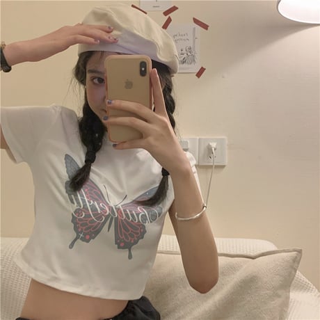 バタフライ Tシャツ クロップド丈 蝶 カットソー トップス 半袖 ショート丈 かわいい カジュアル 韓国ファッション レディース 大人可愛い ガーリー DTC-615322969295