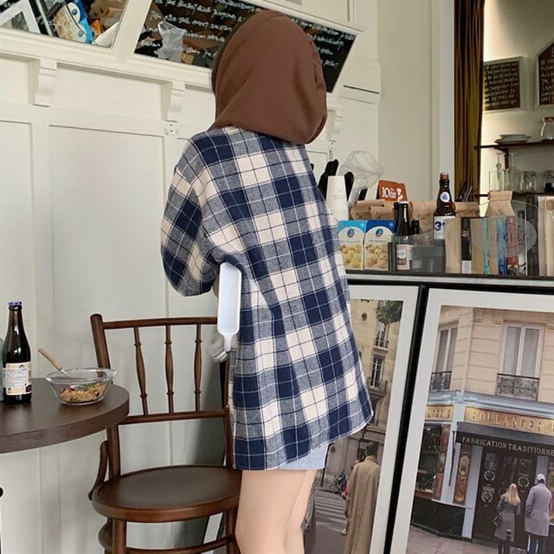 レイヤード風 フード付き チェックシャツ フードシャツ チェック