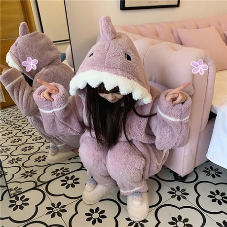 【ルームウェア】 フリース パジャマ セットアップ トップス + パンツ シャーク サメ 長袖 ブルー パープル 上下セット 韓国ファッション レディース ガーリー DTC-628699765024