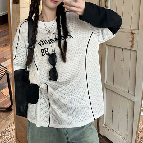 フェイクレイヤード Tシャツ 重ね着 ナンバー ロンT オーバーサイズ トップス 長袖 レトロ 韓国ファッション レディース 大人可愛い ガーリー スポーツミックス DTC-818770841972