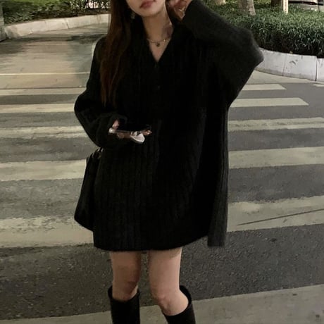 フード付き ニットセーター ハーフボタン ニットパーカー ミディアム丈 ニット ゆったり 長袖 韓国ファッション レディース カジュアル 大人可愛い ガーリー DTC-661225909615