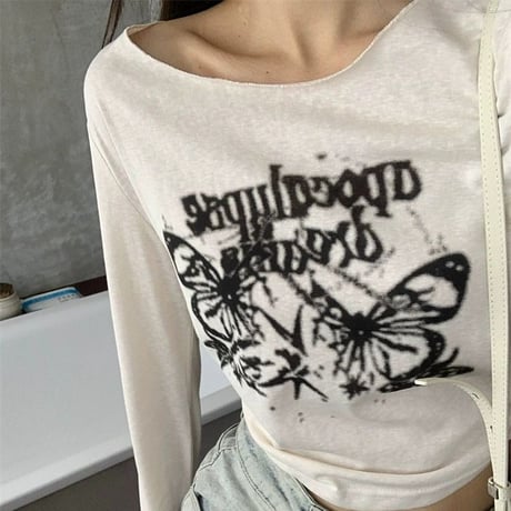 バタフライ柄 ロンT ショート丈 スリムフィット tシャツ スリムtシャツ トップス クルーネック 薄手 長袖 レトロ 大人可愛い ガーリー カジュアル DTCA-731969186705