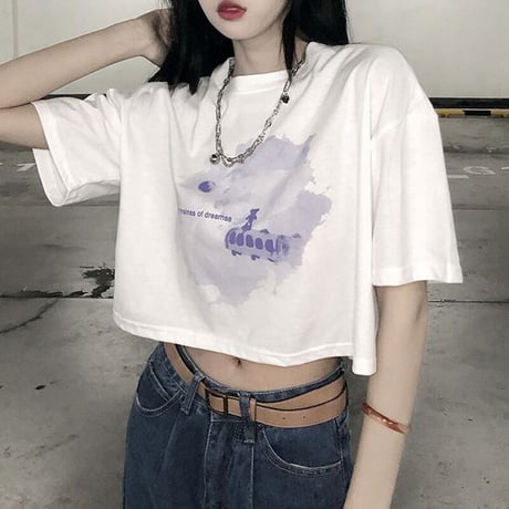 Tシャツ クロップド丈 半袖 フロントプリント トップス ショート丈 クルーネック レトロ 韓国ファッション レディース 大人可愛い ガーリー カジュアル DTC-647653058151