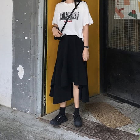 レディース スカート アシンメトリー ロング丈 ティアード フリル ロング丈 無地 春 夏 秋 冬 韓国 韓国ファッション (DTC-599634168759)