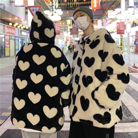 ユニセックス ハート柄 ボアジャケット ボアパーカー ファー ラムウール 韓国ファッション メンズ レディース 男女兼用 ゆったり アウター 大人可愛い DTC-634631995226